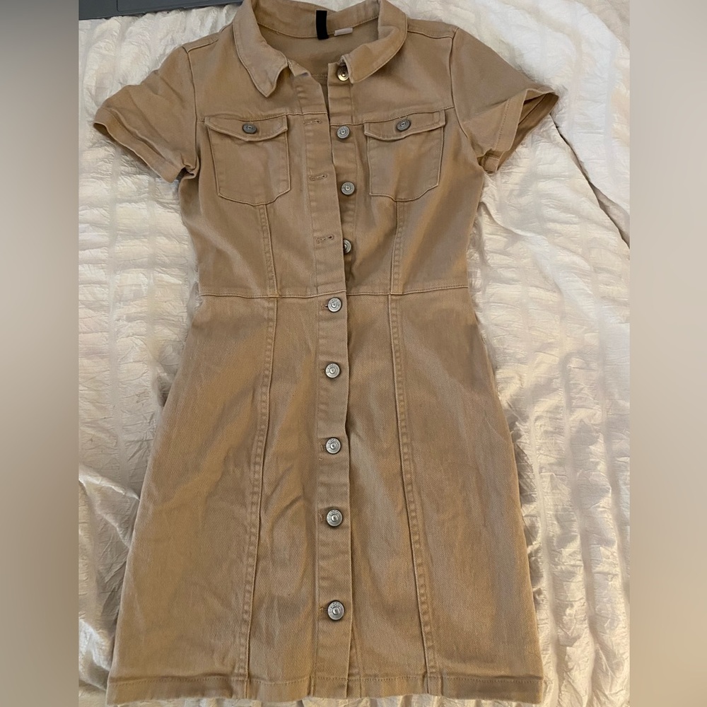 H&M Tan Button-Front Short Sleeve Shirt Dress